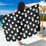 Cute White Rabbit Polka Dots Black Background Sarong