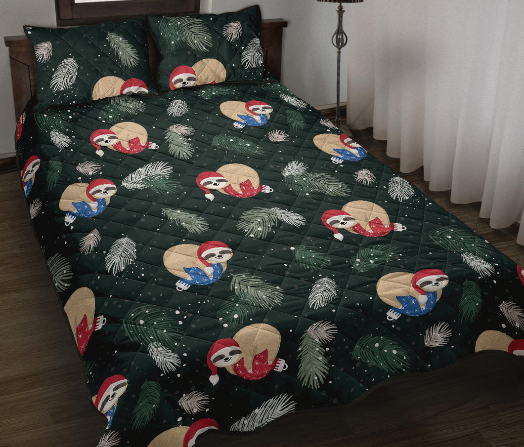 Cute sloths sleeping christmas ball santa hat pattern Quilt Bed Set