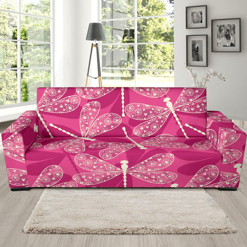 Beautiful Dragonfly Pink Background Sofa Slipcover