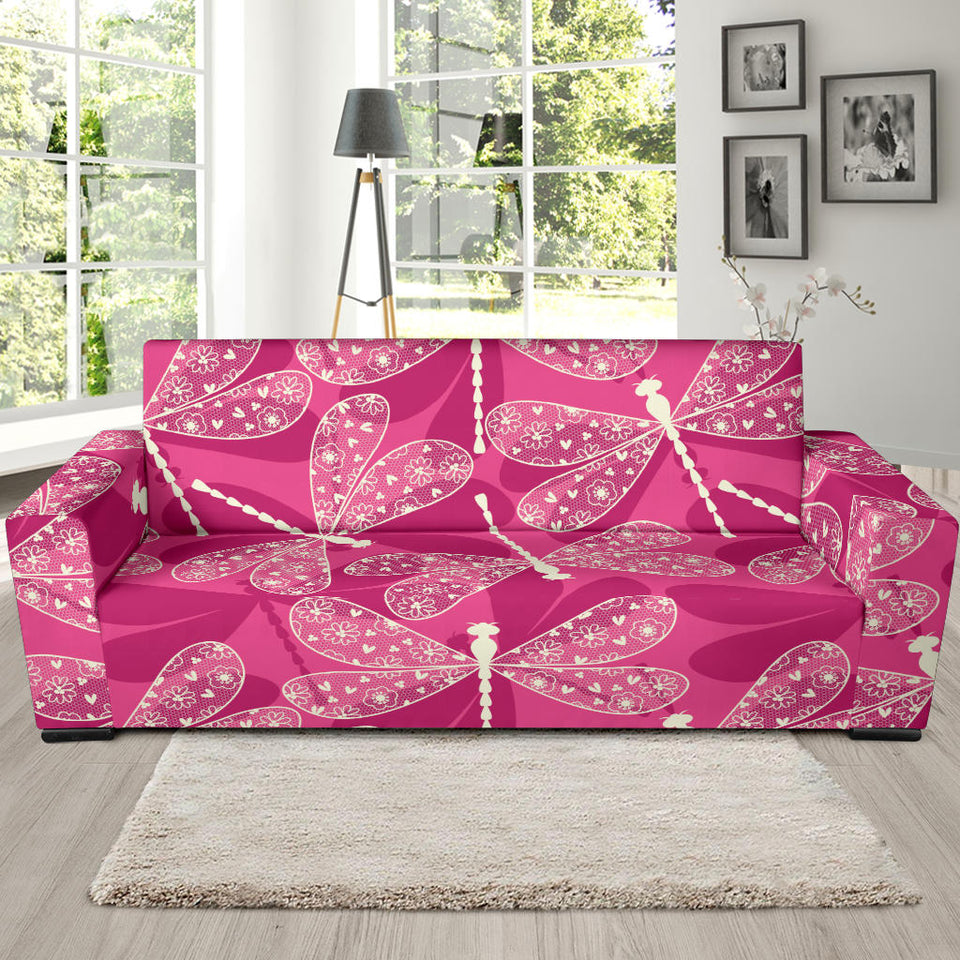Beautiful Dragonfly Pink Background Sofa Slipcover