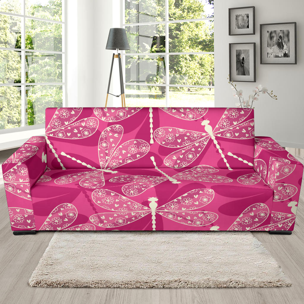 Beautiful Dragonfly Pink Background Sofa Slipcover