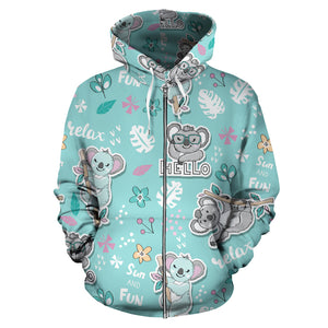 Cute Koalas Blue Background Pattern Zip Up Hoodie