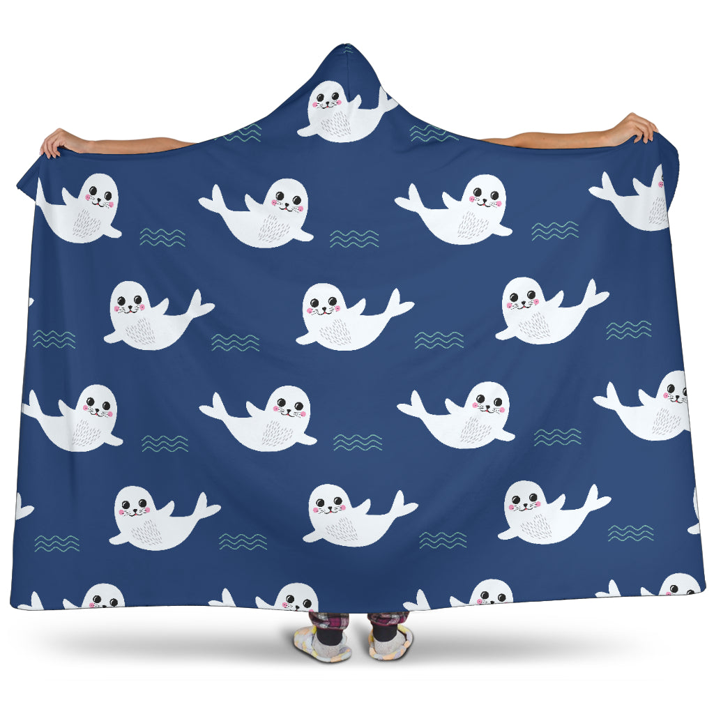 Cute White Baby Sea Lion Seal Pattern Hooded Blanket