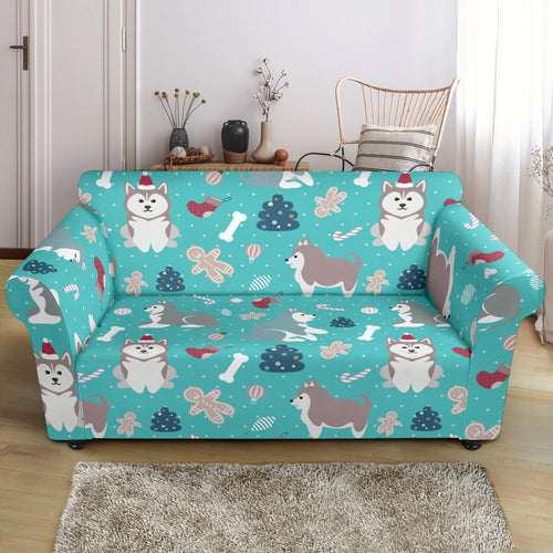 Christmas Cute Siberian Husky Puppie Pattern Loveseat Couch Slipcover