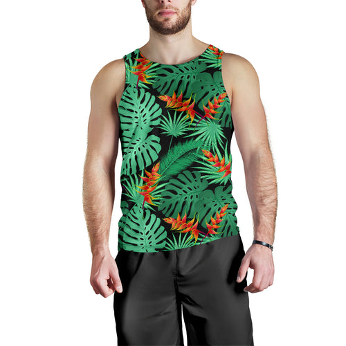 heliconia flower palm monstera leaves black background Men Tank Top
