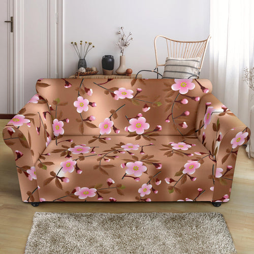 Pink Sakura Cherry Blossom Drak Brown Background Loveseat Couch Slipcover