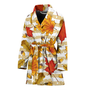 Maple Leaf Oak Leaf Acorns Beige Striped Background Women'S Bathrobe