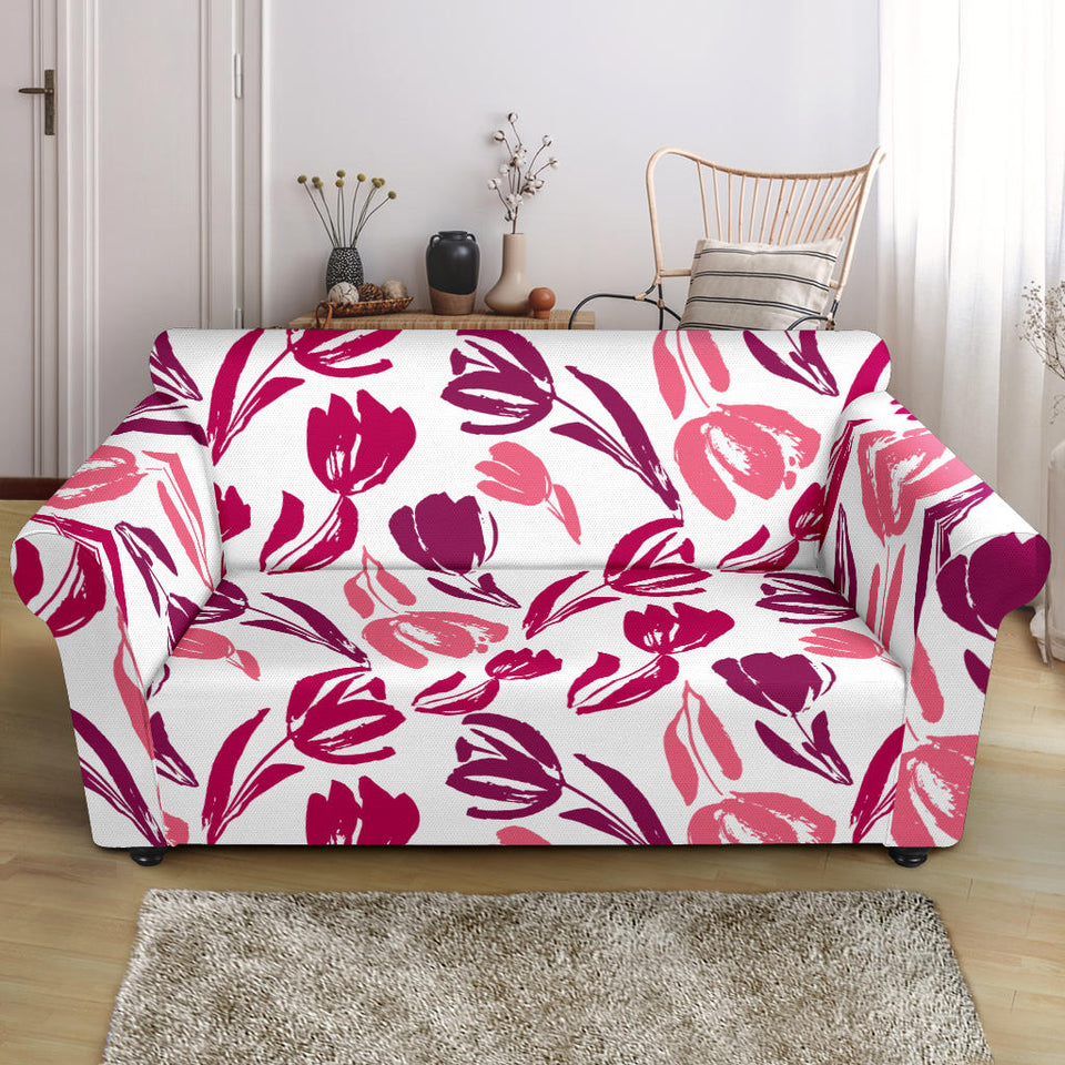 Pink Sketch Tulip Pattern Loveseat Couch Slipcover