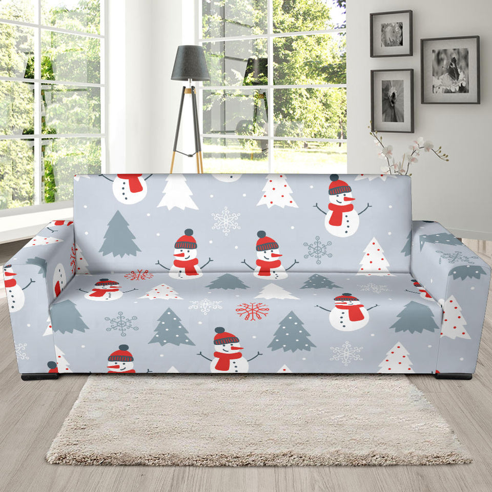 Snowman Christmas  Tree Snow Gray Background Sofa Slipcover