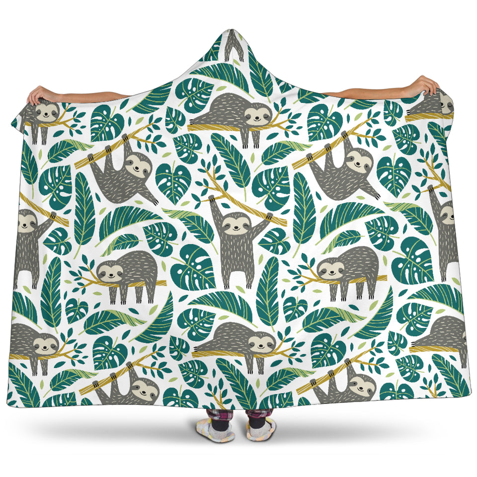 Cute Sloths Tropical Palm Leaves White Background Hooded Blanket