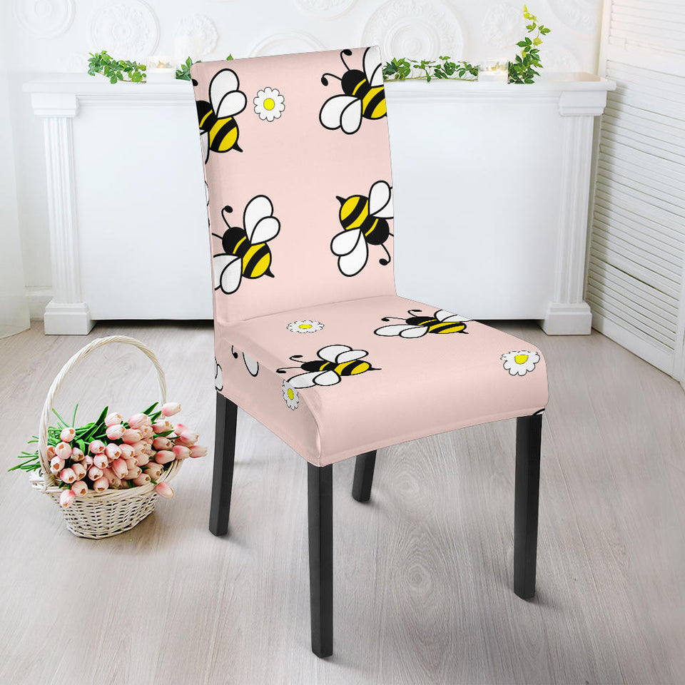 Cute Bee Flower Pattern Pink Background Dining Chair Slipcover