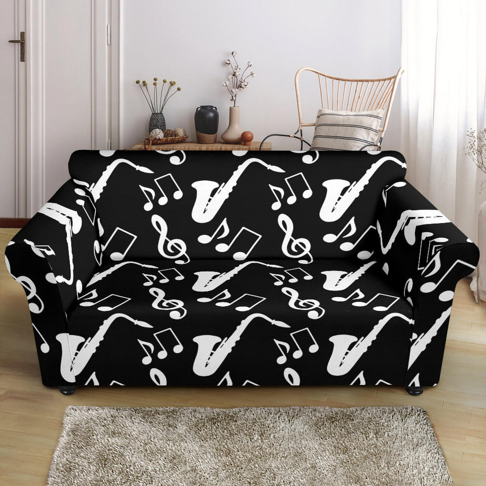 Saxophone Music Notes Treble Clef Black White Theme Loveseat Couch Slipcover