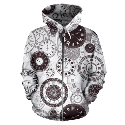 Classic Vintage Clock Pattern Zip Up Hoodie