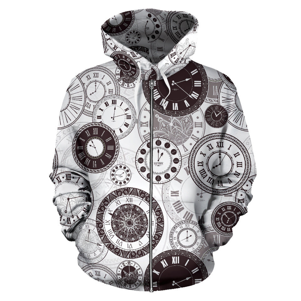 Classic Vintage Clock Pattern Zip Up Hoodie