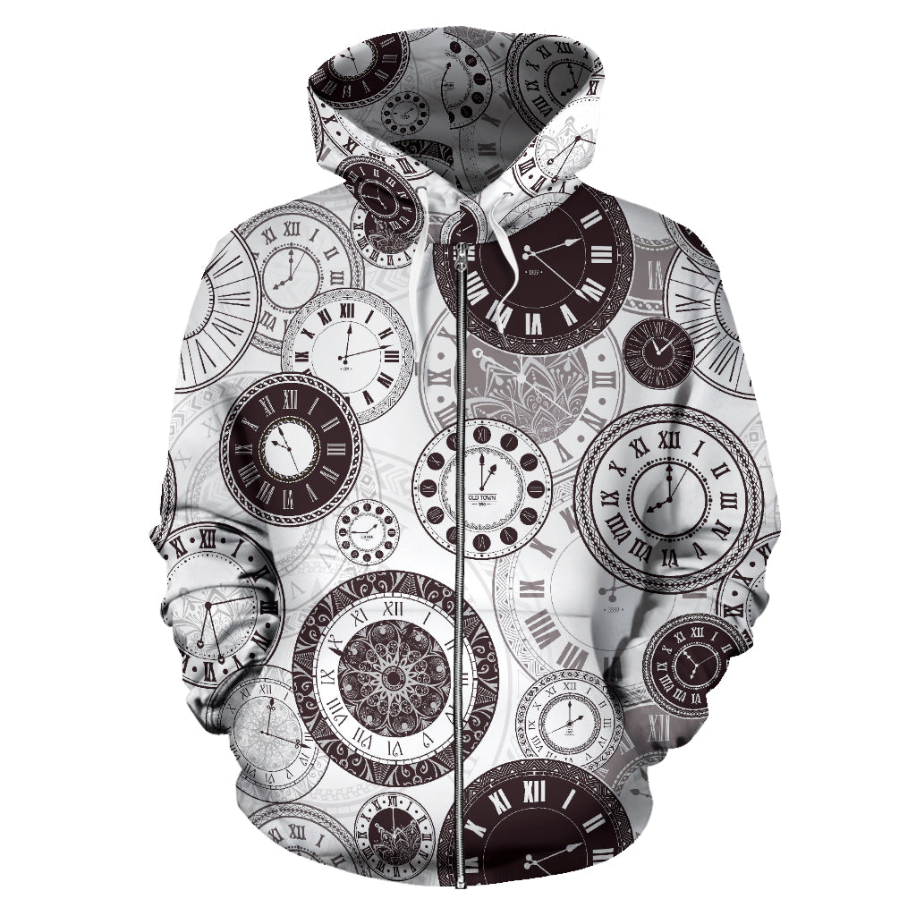 Classic Vintage Clock Pattern Zip Up Hoodie