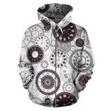 Classic Vintage Clock Pattern Zip Up Hoodie
