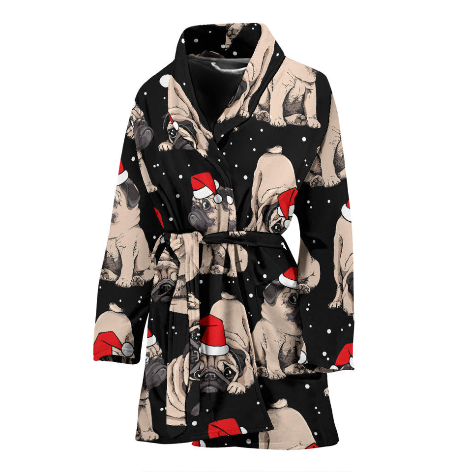 Christmas Pugs Santa_S Red Cap Pattern Women'S Bathrobe