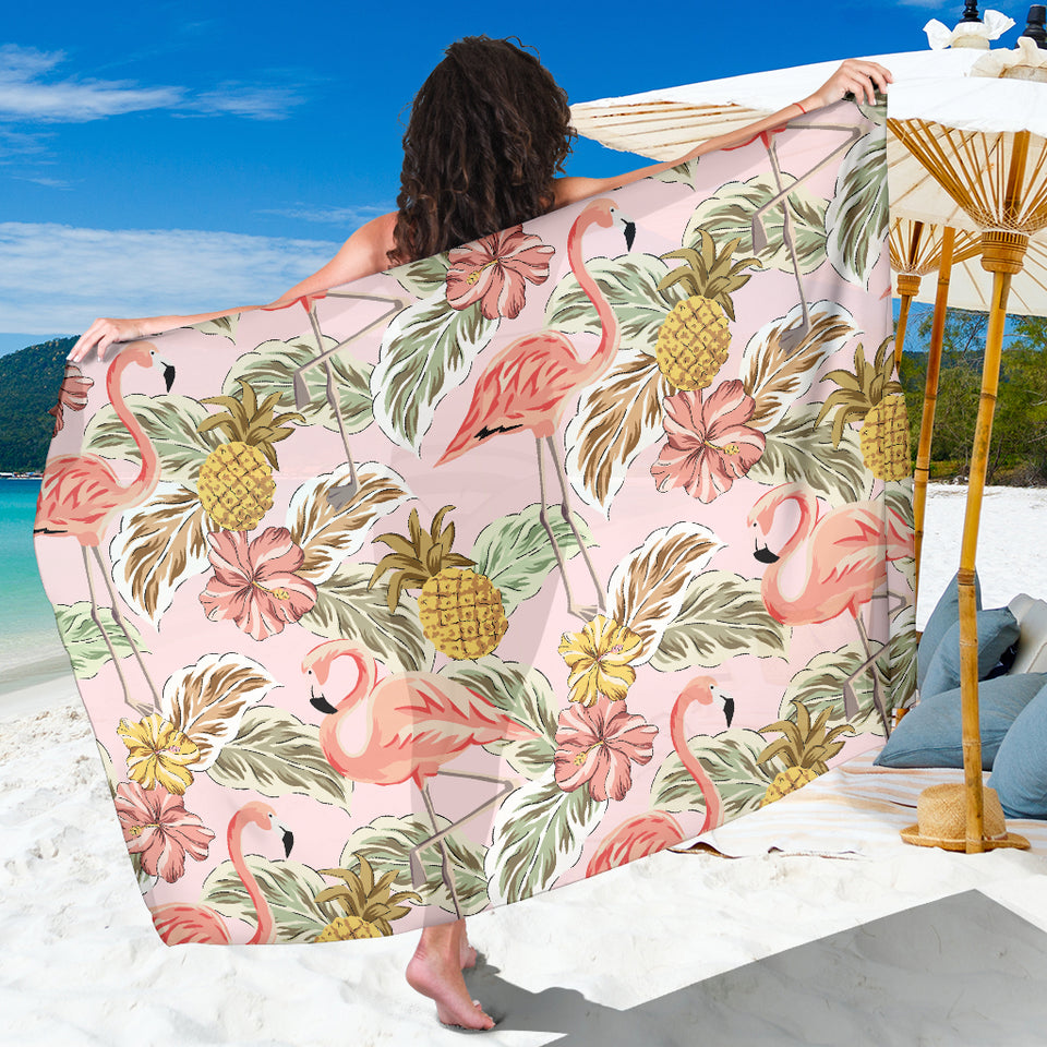 Pink Flamingo Birds Pineapples Hibiscus Flower Pattern Sarong