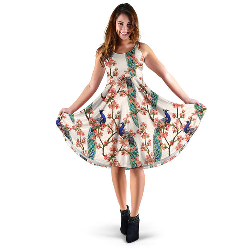 Peacock Tropical Flower Pattern Sleeveless Midi Dress