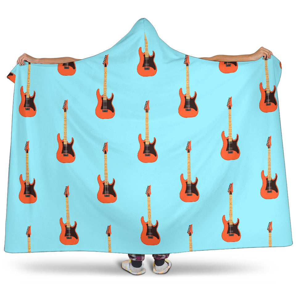 Electric Guitar Pattern Light Blue Background Hooded Blanket