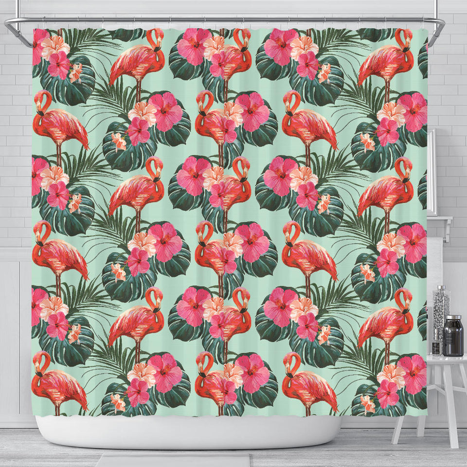 Beautiful Flamingo Tropical Palm Leaves Hibiscus Pateern Background Shower Curtain Fulfilled In US