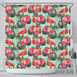 Beautiful Flamingo Tropical Palm Leaves Hibiscus Pateern Background Shower Curtain Fulfilled In US