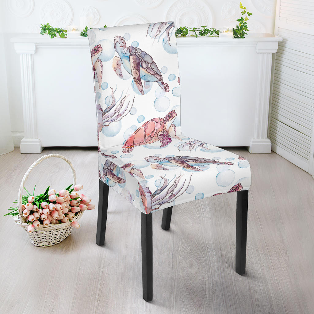 Watercolor Sea Turtle Jellyfish Pattern Dining Chair Slipcover