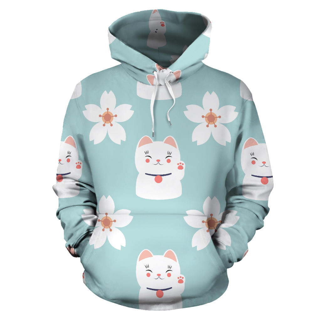 Maneki Neko Lucky Cat Sakura Men Women Pullover Hoodie