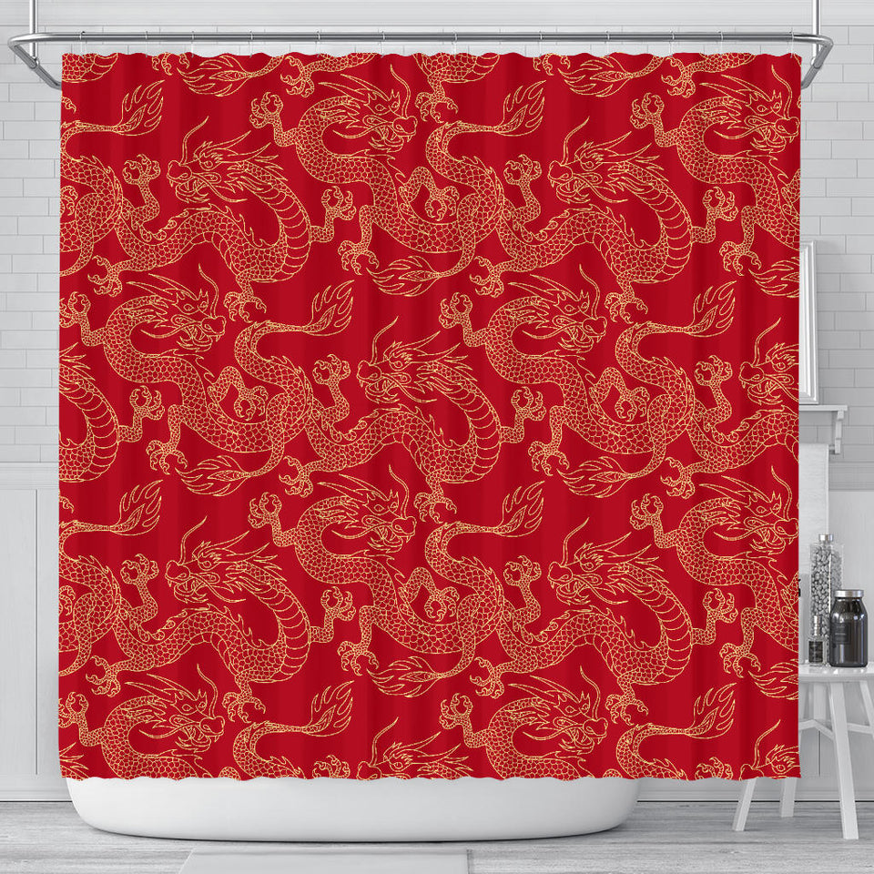 Gold Dragons Red Background Shower Curtain Fulfilled In US