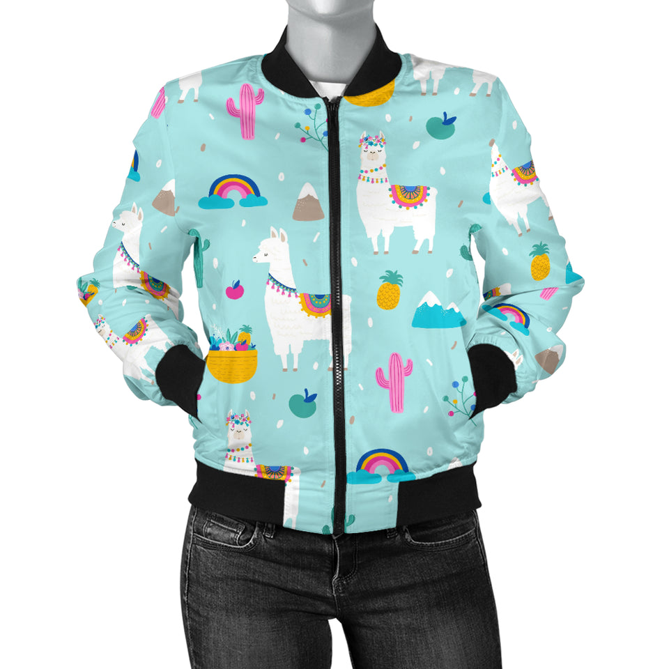 Llama Alpaca Cactus Leaves Pattern Women'S Bomber Jacket