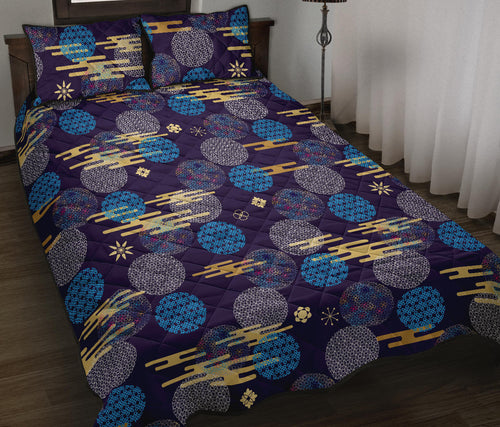 Blue japanese pattern cloud wave flower Quilt Bed Set