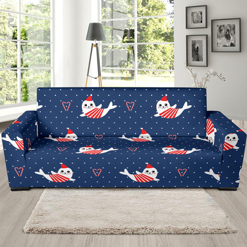 Cute Sea Lion Seal Christmas Hat Candy Cane Heart Pattern Sofa Slipcover