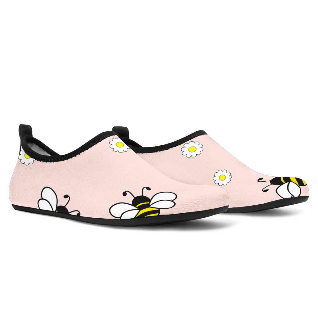 Cute Bee Flower Pattern Pink Background Aqua Shoes