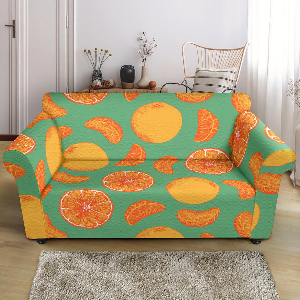 Orange Fruit Pattern Green Background Loveseat Couch Slipcover