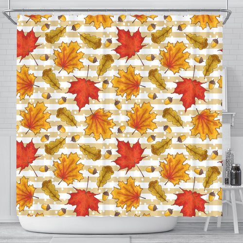 Maple Leaf Oak Leaf Acorns Beige Striped Background Shower Curtain Fulfilled In US