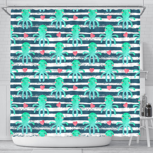 Cute Octopuses Heart Striped Background Shower Curtain Fulfilled In US