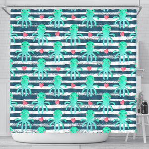 Cute Octopuses Heart Striped Background Shower Curtain Fulfilled In US