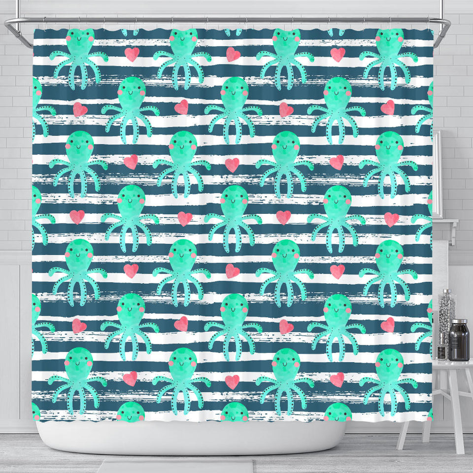 Cute Octopuses Heart Striped Background Shower Curtain Fulfilled In US