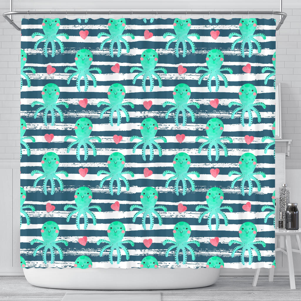 Cute Octopuses Heart Striped Background Shower Curtain Fulfilled In US