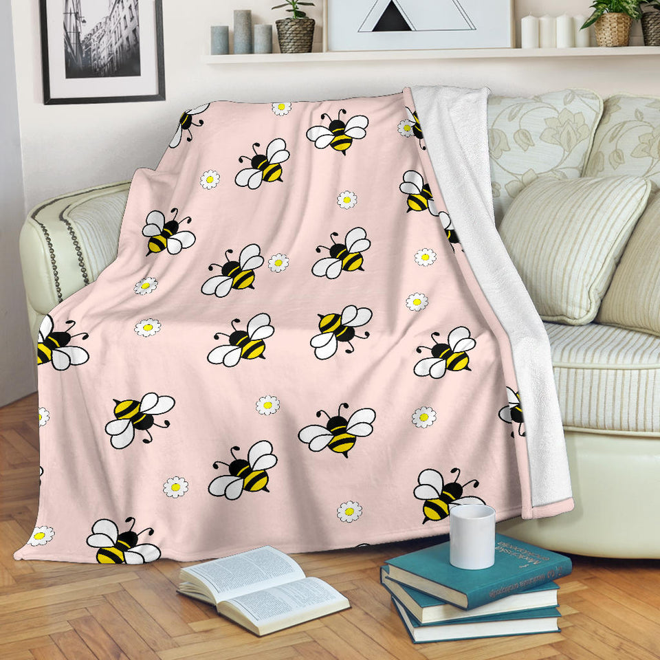 Cute Bee Flower Pattern Pink Background Premium Blanket