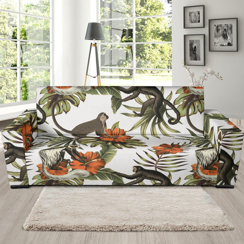 Monkey Red Hibiscus Flower Palm Leaves Floral Pattern Sofa Slipcover