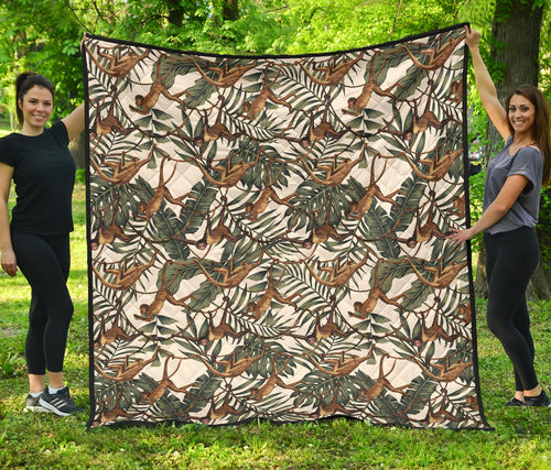 Monkey Tropical Leaves Background Premium Quilt