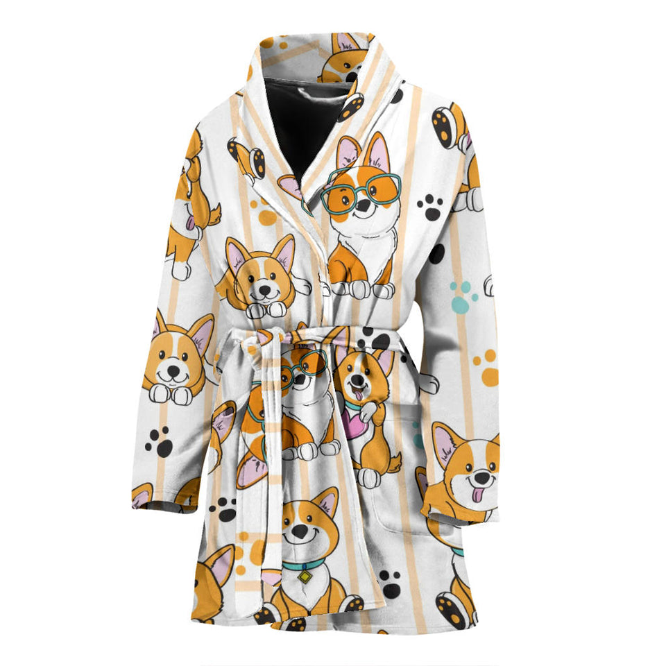 Cute Dog Corgi Striped Background Pattern Women'S Bathrobe
