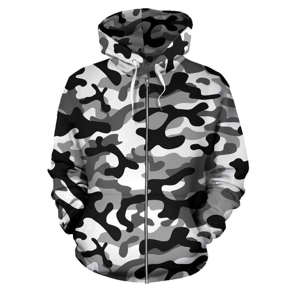 Black White Camouflage Pattern Zip Up Hoodie