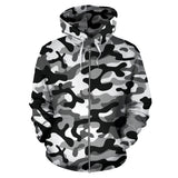 Black White Camouflage Pattern Zip Up Hoodie