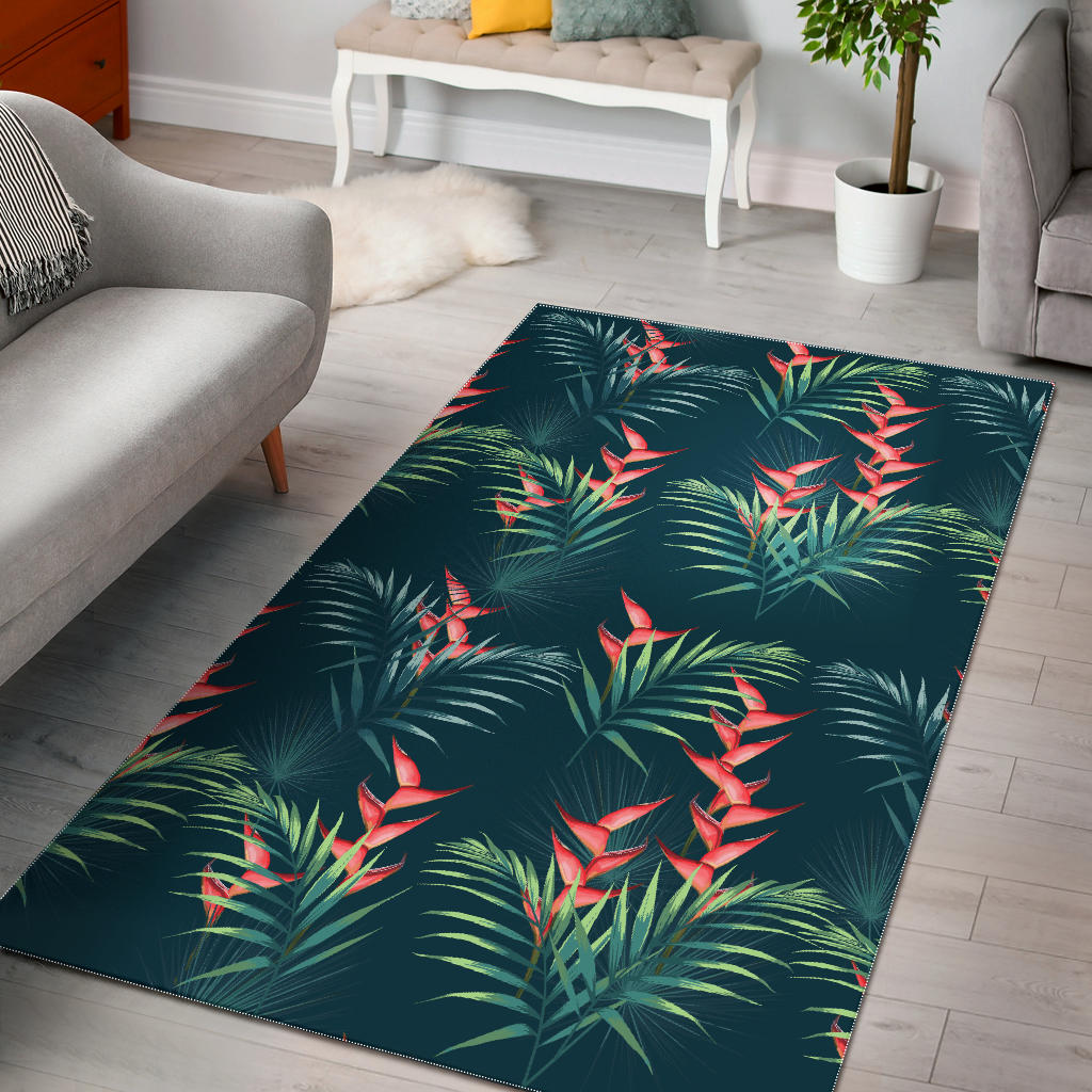 Heliconia Flowers, Palm And Monstera Leaves On Black Background Pattern Area Rug