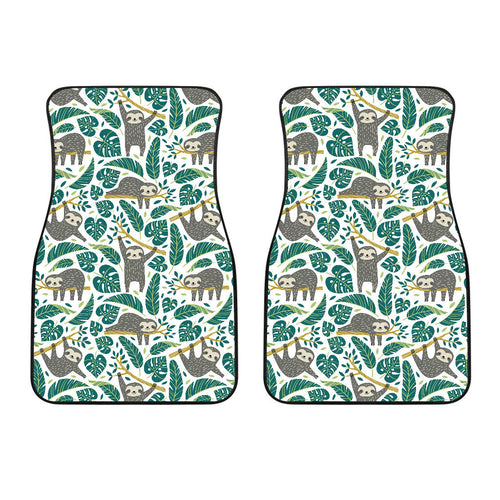 Cute Sloths Tropical Palm Leaves White Background Front Car Mats