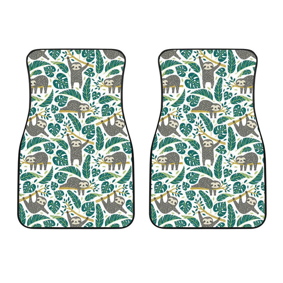 Cute Sloths Tropical Palm Leaves White Background Front Car Mats