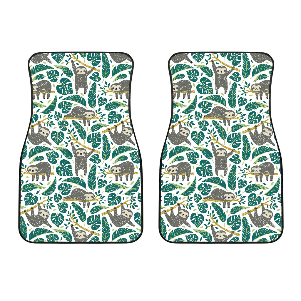 Cute Sloths Tropical Palm Leaves White Background Front Car Mats