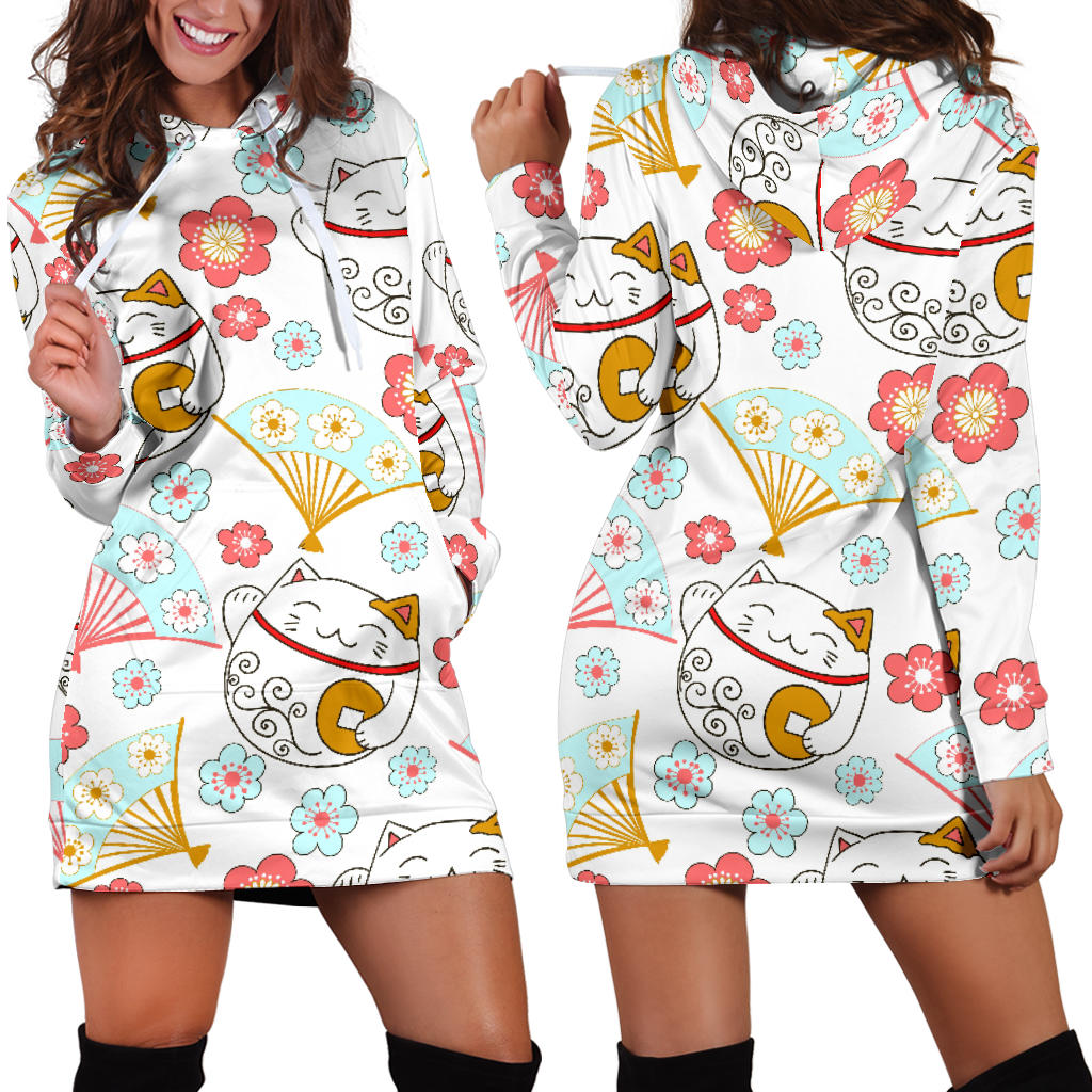 Maneki Neko Lucky Cat Fan Sakura Women'S Hoodie Dress